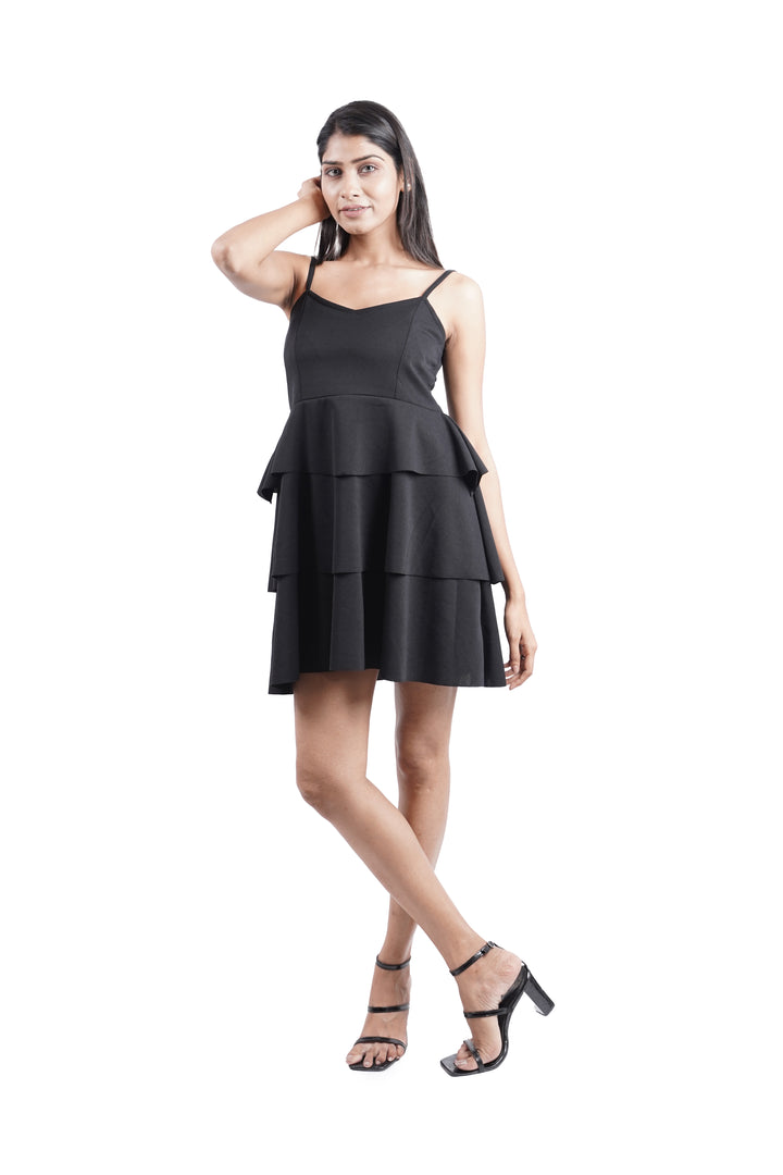 Cascading Tier Spaghetti Dress - black