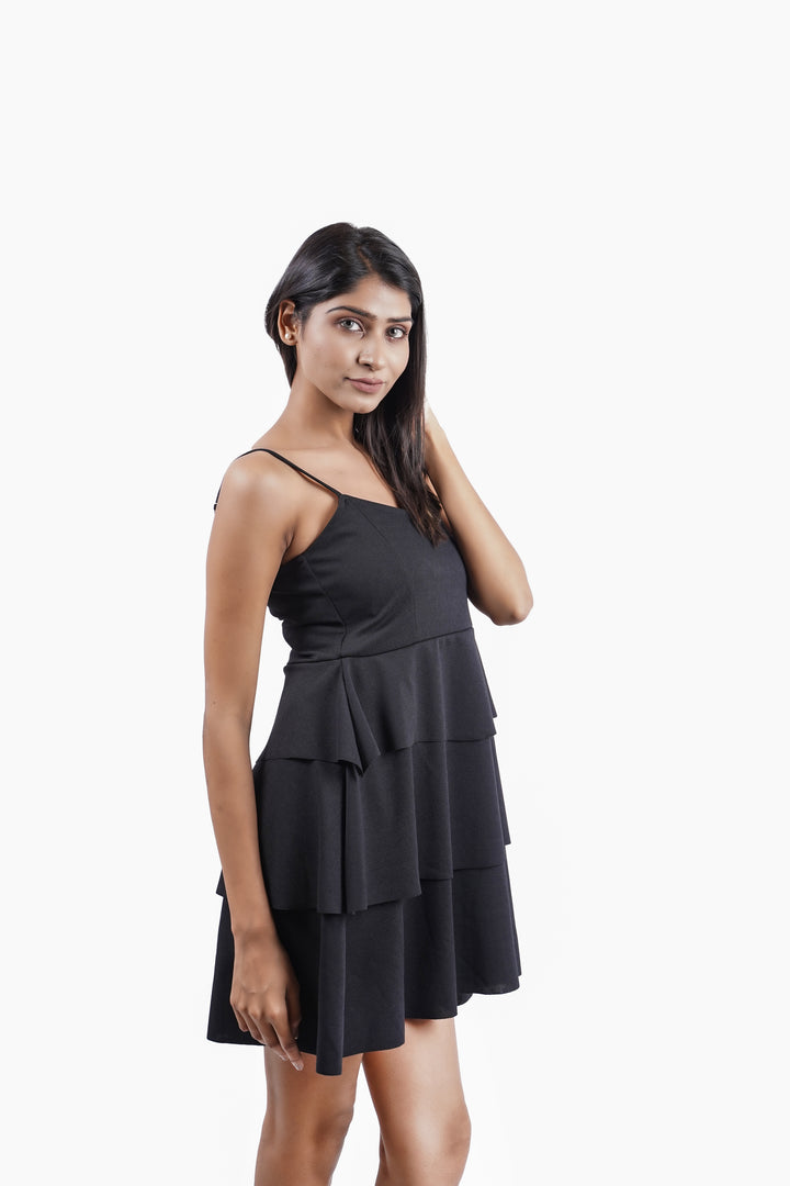 Cascading Tier Spaghetti Dress - black