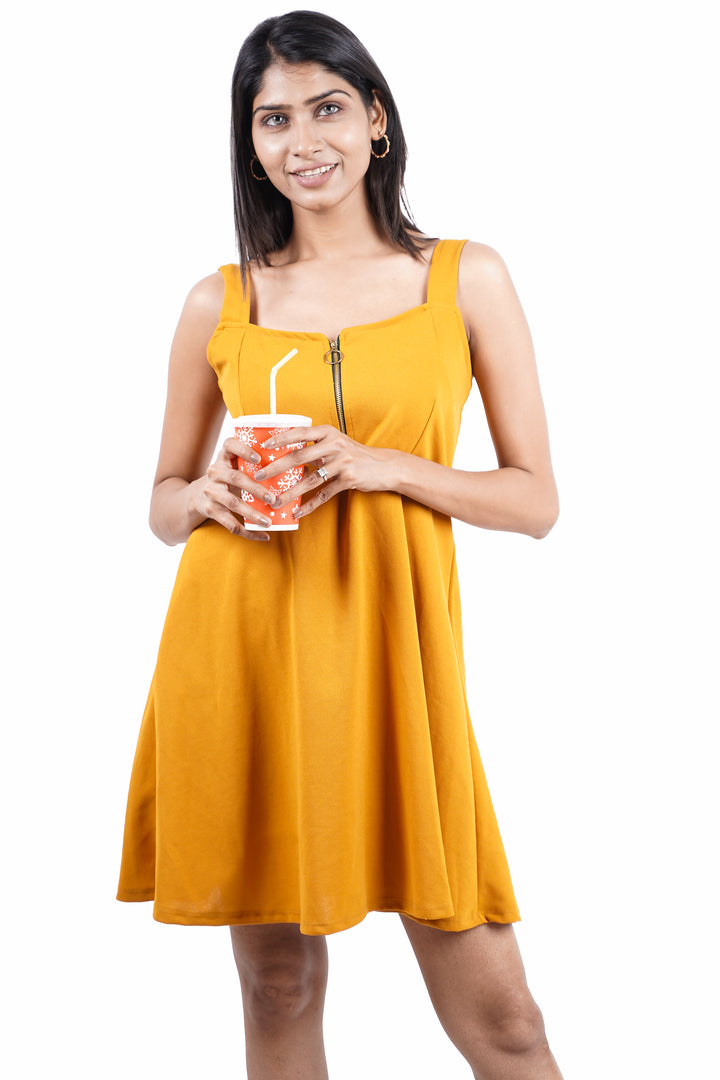 Center Chic Zip-Up Dress- Mustard