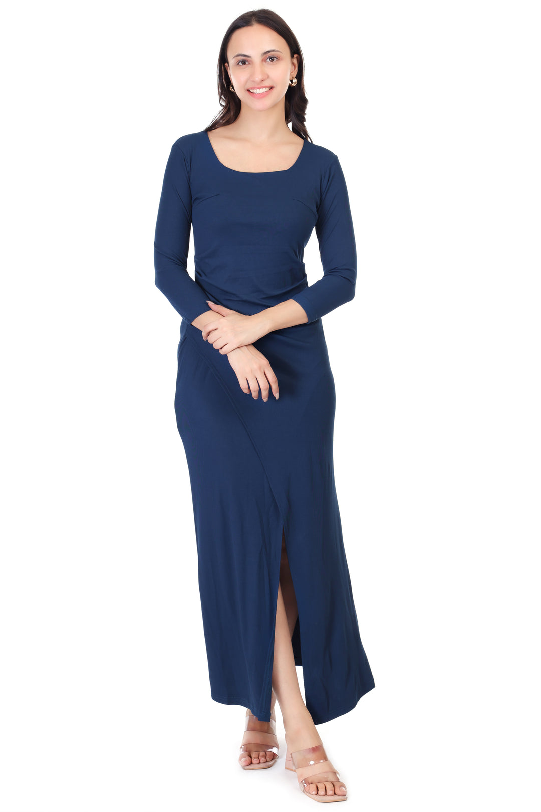 Navy Blue Front Slit Classy Maxi Dress