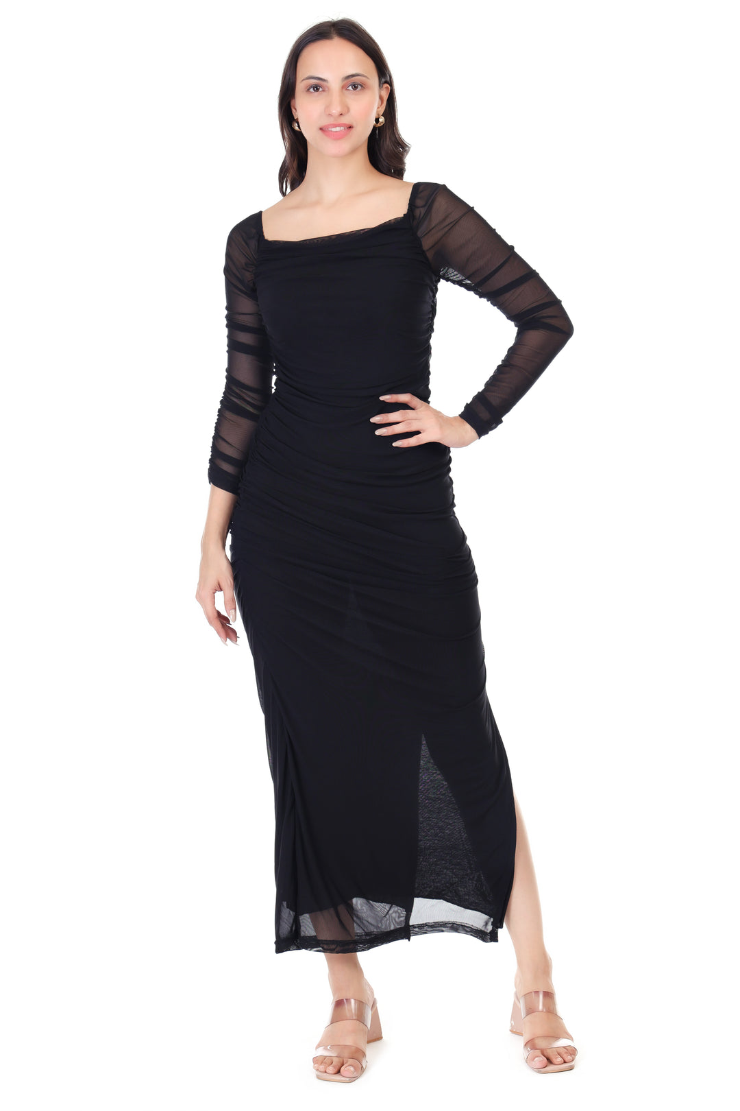 MESH RUCHED SIDE SLIT MAXI DRESS