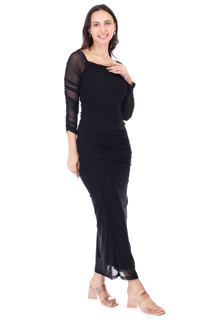 MESH RUCHED SIDE SLIT MAXI DRESS