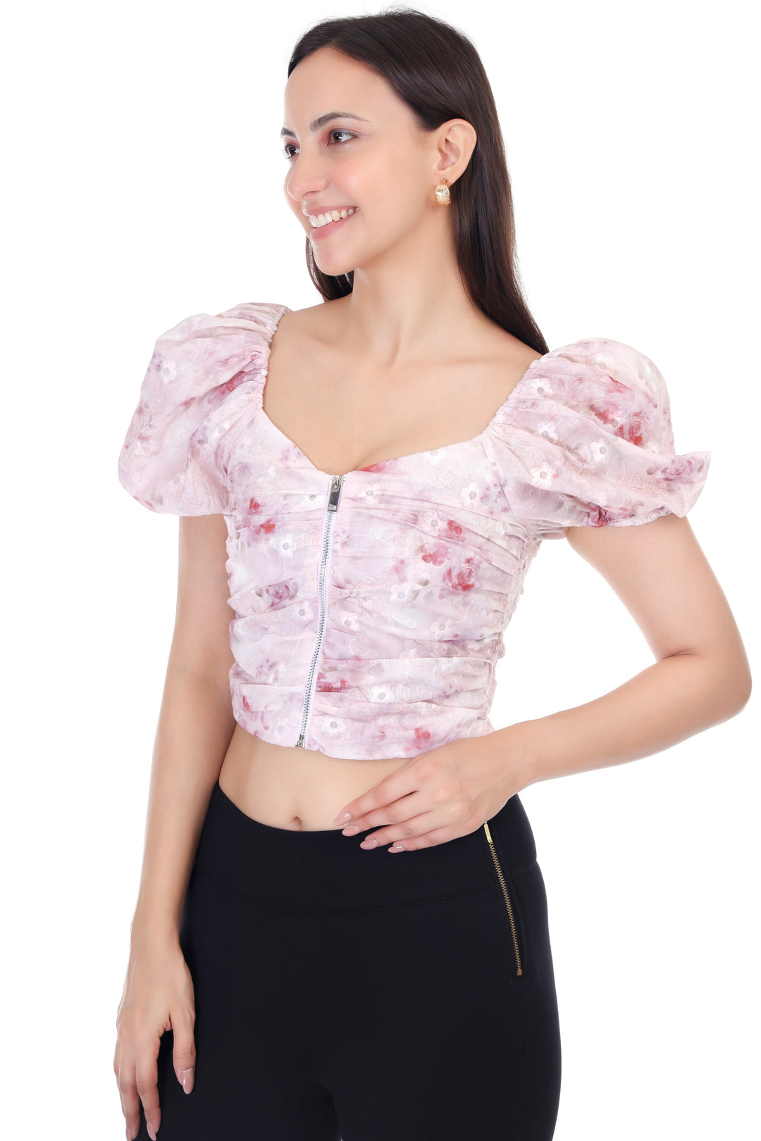 FLORAL PRINT CENTRE ZIP CROP TOP