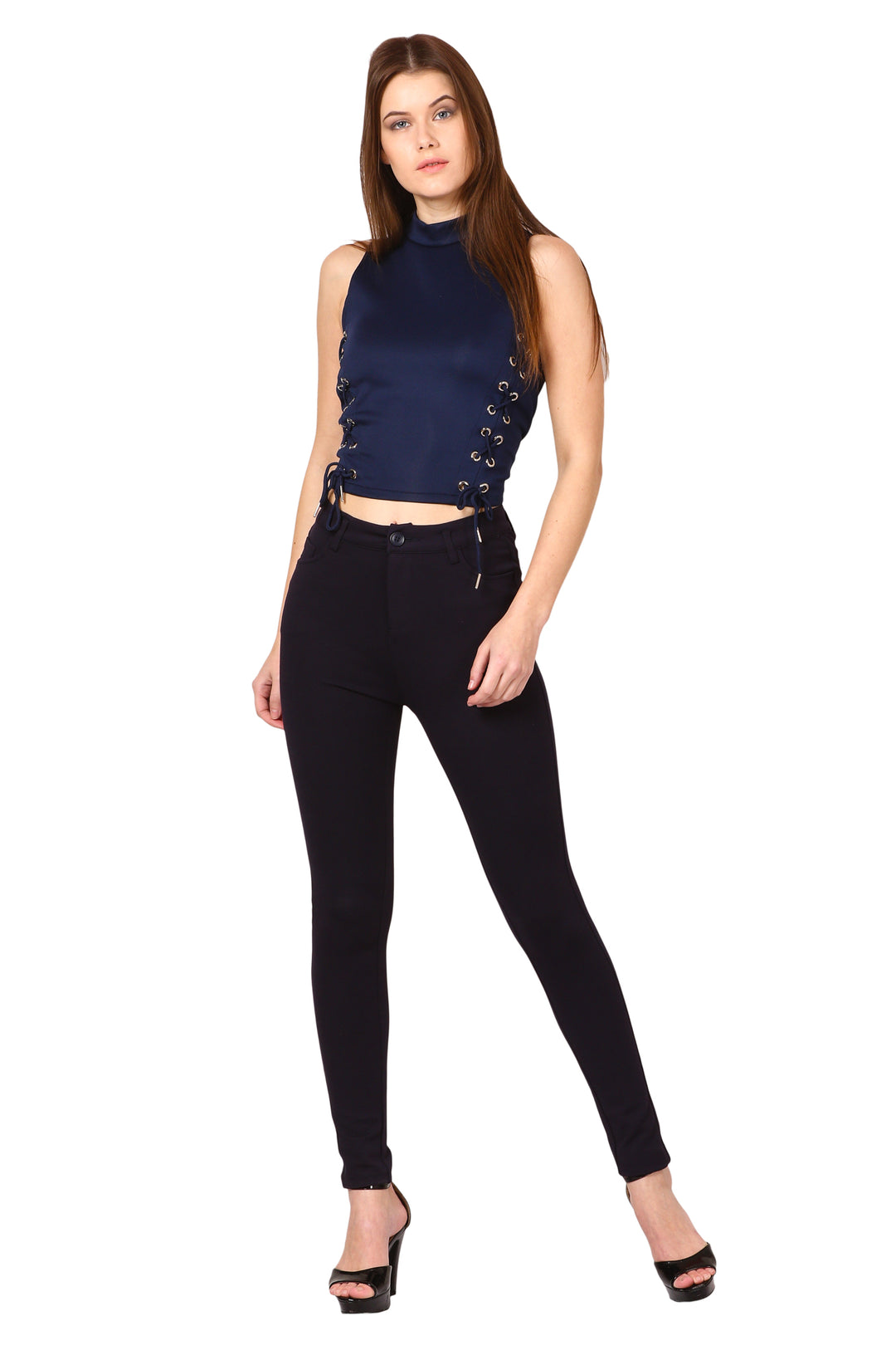 Sleek High-Waist Trousers- Navy blue