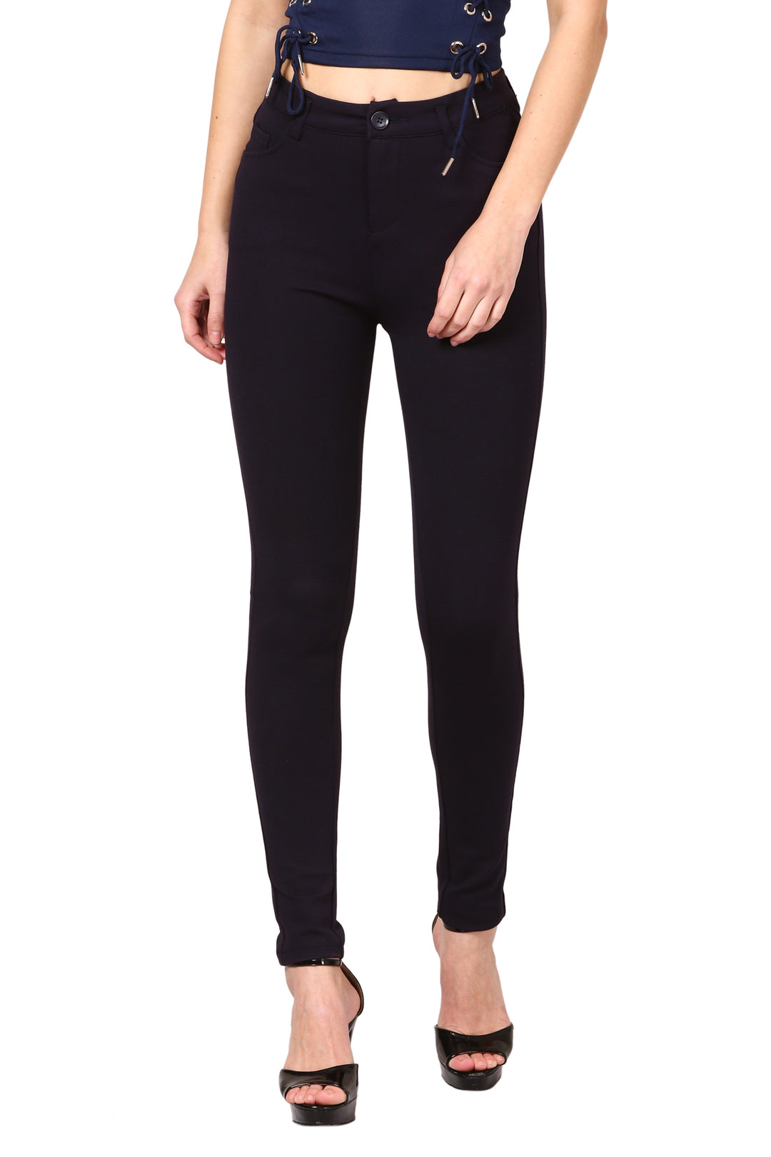 Sleek High-Waist Trousers- Navy blue